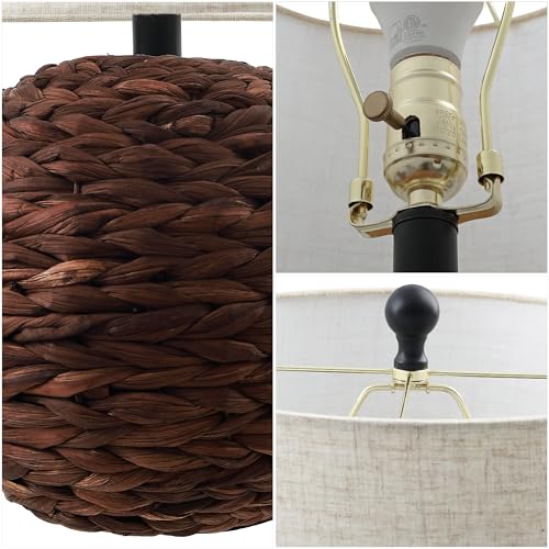 JONATHAN Y 21.5" Dark Brown Modern Coastal Woven Rattan Globe LED Table Lamp for Bedroom, Oatmeal Linen Drum Shade, LED Bulb Included, Rustic Bedside Lamp for Living Room (JYL6514B) - color: Dark Brown