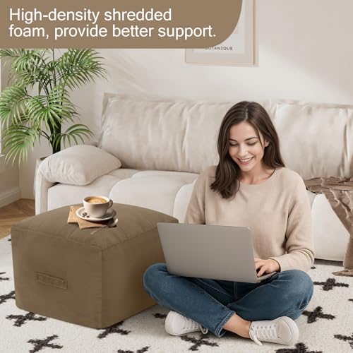 MeMoreCool Square Stuffed Pouf Ottoman Foot Rest, Floor Pouf Foot Stool with Foam Chunk Filling, Soft Stuffed Ottoman Footrest for Living Room, Light Coffee - color: Grid Light Coffee