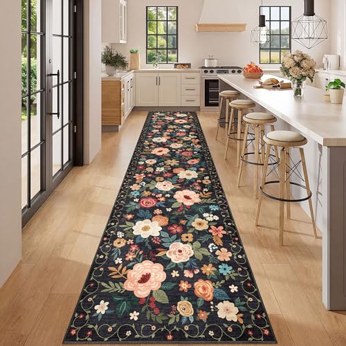 DUKINO 2.6x12 Kitchen Runner Rug, Lightweight Floral Washable Rug for Hallway, Boho Low Pile & Non Slip Backing Soft Floor Carpet for Entryway, Bedroom, Bathroom, Laundry, Black - color: Black, size: 2'6" x 12' (Rectangular)