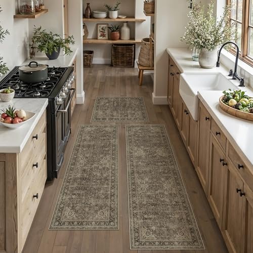 Kitchen Rug Set of 3 Washable Brown Vintage Kitchen Mats for Floor Non-Slip Kitchen Runner Rug Soft Low Pile Distressed for Bathroom Laundry Hallway Sink Entryway - color: Retro/Brown, size: 20"x32"+20"x48"+20"x59"