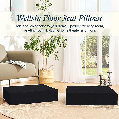 Wellsin Solid Square Floor Pillows for Adults Kids - Large Meditation Floor Pillow Seating Cushion with Thick Foam & Washable Velvet Cover, 1 Pack, 22x22x5 Inch, Black - color: Black, size: 1 Pack (22"x22")