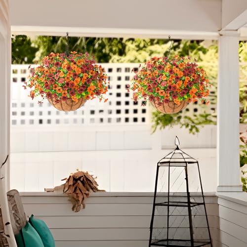 ZFProcess Artificial Fake Hanging Plants Flowers Basket, Faux Silk Daisy in Planter Realistic UV Resistant for Outside Home Patio Balcony Yard Mums Autumn Outdoor Decoration (Orange Brown) - color: Orange Brown