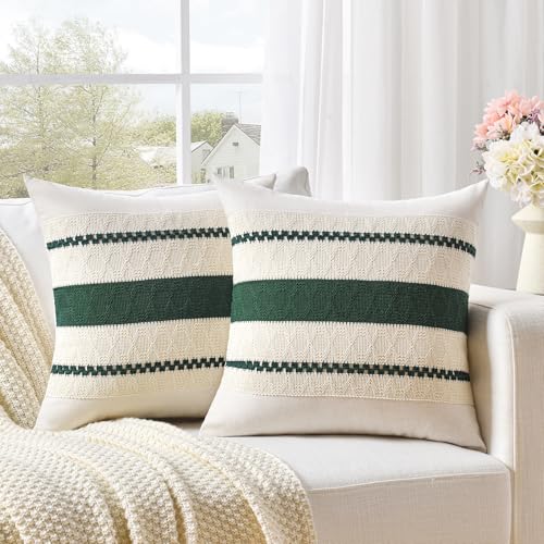 Fancy Homi Set of 2 Dark Green Boho Decorative Throw Pillow Covers 16x16 Inch for Couch Bed Sofa Bedroom Indoors, Modern Farmhouse Vintage Forest Green Living Room Decor - color: Dark Green, size: 16" x 16" (Pack of 2)