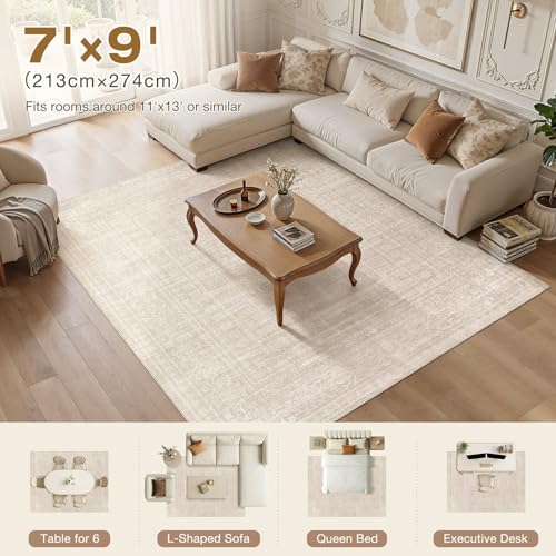 Nakagishi 7x9 Area Rugs Living Room: Washable Large Vintage Rug Neutral Non-Slip Soft Stain Resistant Indoor Carpet for Bedroom Nursery Dining Room Office Playroom - Beige - color: Beige, size: 7' x 9' (Rectangular)