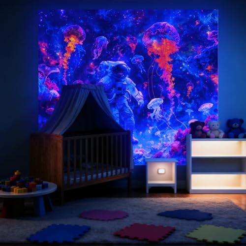 CRAFTYMELODY Astronaut Blacklight Tapestry Glow in the Dark Tapestry UV Reactive Colorful Jellyfish Wall Hanging 59×51 Inch with Hook Self Adhesive Sticker Clip for Bedroom Home Wall Decoration - color: Jellyfish Astronaut