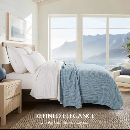 EVERGRACEHOME Chunky Polyester Knit Throw Blanket for Couch, Soft Luxurious Oversized King Moss Stitch Blanket for Bed, Large Cozy Farmhouse Knitted Throw for Sofa, Chambray Blue, 108" x 92" - color: Chambray Blue, size: 108" X 92"