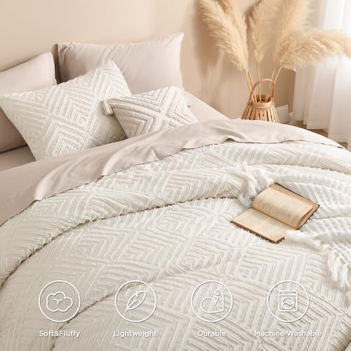 Andency Queen Comforter Set Beige, 3 Pieces Queen Size Comforter Sets Boho Cream Solid Bedding Set & Collections, All Season Tufted Farmhouse Bed Comforter Set (90x90 in Comforter & 2 Pillowcases) - color: 01 - Beige, size: Queen (90"x90")