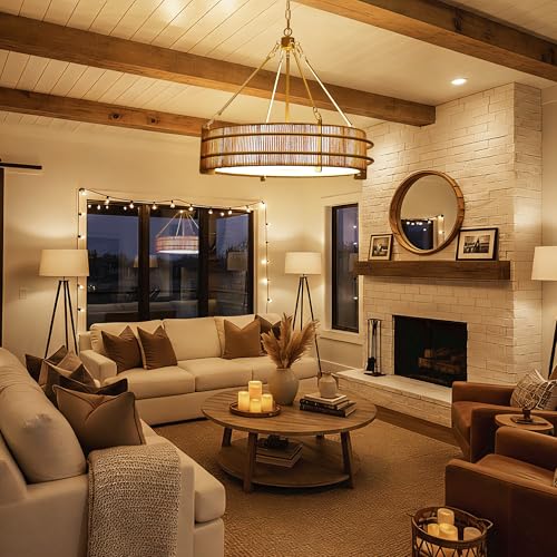24.8" Boho Rattan Chandelier, 5-Light Large Hand-Woven Rattan Chandeliers with Wicker Shade, Rustic Gold Pendant Light for Dining Room, Living Room, Bedroom, Kitchen, Foyer - size: 24.8 inch