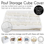 KB & Me Off White Ivory Canvas Boho Chic Tufted Pouf Cover Square Bohemian Fringe Minimalist Geometric Ottoman Storage Case Modern Foot Rest Floor Pillow Decorative Unstuffed Pouffe Cube