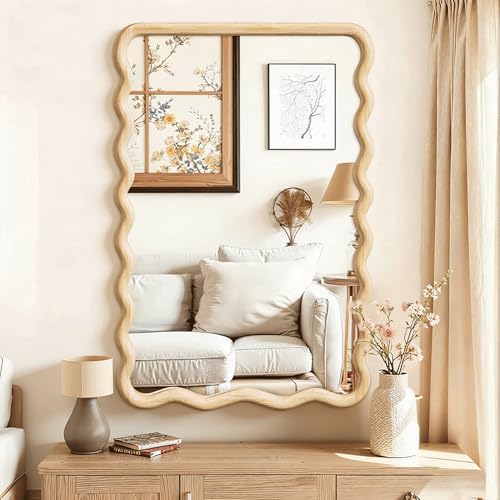 Wavy Mirror for Wall, 30"x20" Boho Bathroom Vanity Mirror with Wooden Frame, for Bedroom, Living Room, Entryway, Farmhouse - size: 30"L x 20"W