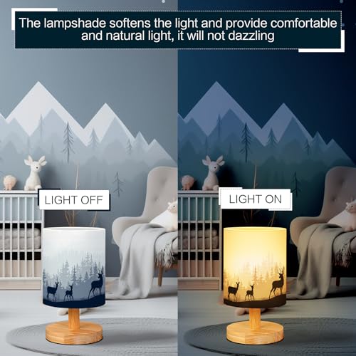 VIHOSE Woodland Deer Bedside Table Lamp Watercolor Winter Forest Tree Animal Deer Nightstand Lamp with Wood Base Fabric Lamp Shade Bedside Desk Lamp for Living Room Bedroom Kids Room Office - style: Watercolor Forest Deer