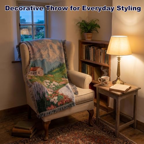 Mountain Woven Throw Blanket,Jacquard Tapestry with Fringe,51x63 Inch | Meagtlva Cotton Blend Wall Hanging Decor for Living Room,Sofa,Bed Decor for Living Room,Sofa,Bed - color: Mountain Wildflower Cottage