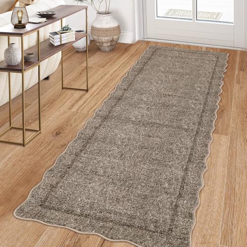 GarveeHome Scalloped Washable Runner Rug 2x6 Runner Non Slip Kitchen Rug Modern Taupe Rug Entryway Rug Farmhouse Soft Bathroom Rugs Stain Resistant Carpet for Hallway Laundry Bedroom 2 ft x6 ft Taupe - color: Taupe, size: 2' x 6' (Runner)