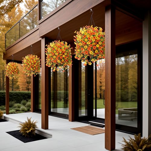 Artificial Fake Hanging Flowers Plants with Basket for Outdoor Decor, Fake Daisy Flower Plants No Fade Plastic Faux Silk Hanging Flowers Spring Decoration for Outside Garden Porch Patio(Yellow Orange) - color: Gyellow Orange