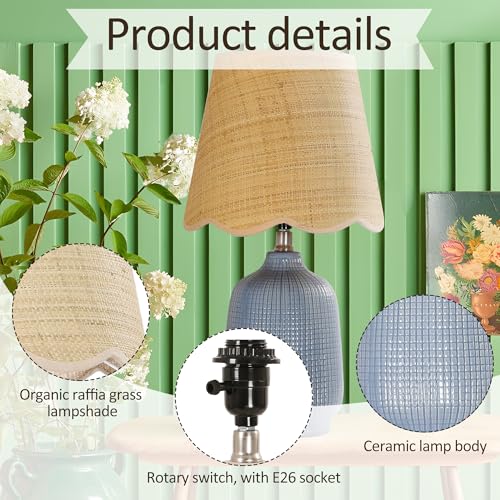 Pia Ricco 19" Modern Ceramic Table Lamp for Living Room Gray Blue Base Desk Lamps for Bedroom Farmhouse Bedside Nightstand Lamp End Table Lamps,Bule,Rattan Shade - color: Navy Blue Base