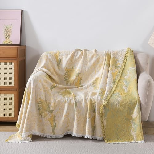Lemfux 4-Layer Cotton Muslin Throw Blanket, Boho Floral Reversible Blanket with Fringe, Soft Breathable Lightweight Cooling Blanket for Bed Sofa Couch, All Season Decorative Bed Cover 60"x80" - color: Sunflower Floral, size: 60"x80"