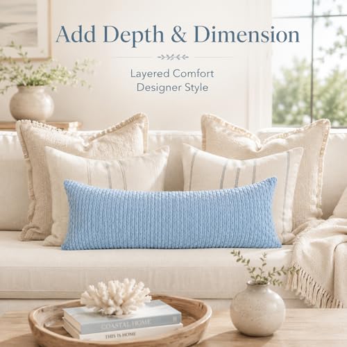 JoraLion 14x36 Boho Decorative Lumbar Throw Pillow Cover, Light Blue Cozy Soft Striped Corduroy Long Rectangle Cushion Case Accent Home Decor for Sofa Bed Room Livingroom, ONLY Cover - color: Light Blue, size: 36" x 14" (Pack of 1)