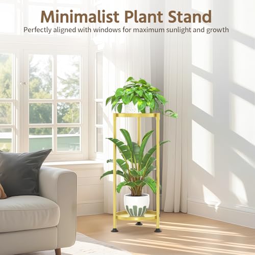 LASZOLA 2 Tier Gold Plant Stand Indoor for Large Tall Heavy Duty Flower Planter, Metal Vertical Multi Level Rack for Narrow Floor Corner, Sturdy Round Holder Organizer, Modern, Mid Century, Farmhouse - color: Gold, size: 2 Tier