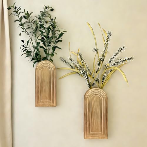 Arched Wooden Wall-Mounted Vases, Rustic Farmhouse Wood Wall Decor for Dried Flowers, Modern Boho Hanging Wall Planter, 2 Pack