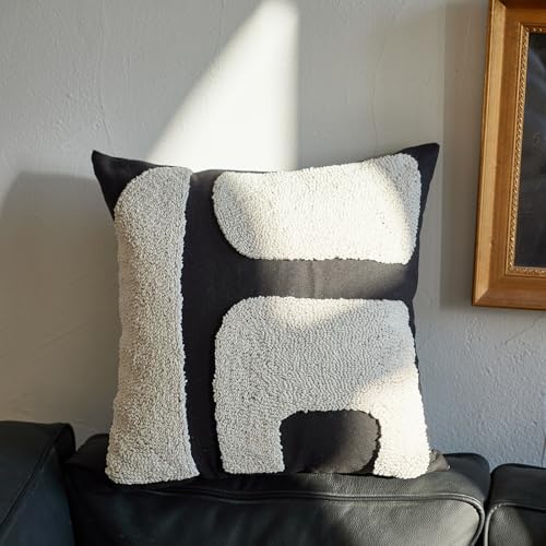 Black White Geometric Tufted Decorative Throw Pillow Cover，Chunky Boho Minimalist Modern Pillow Case，Mid Century Woven Abstract Pillow Sham for Bed Couch Living Room，18x18 inches, 1PCS - color: Black-b