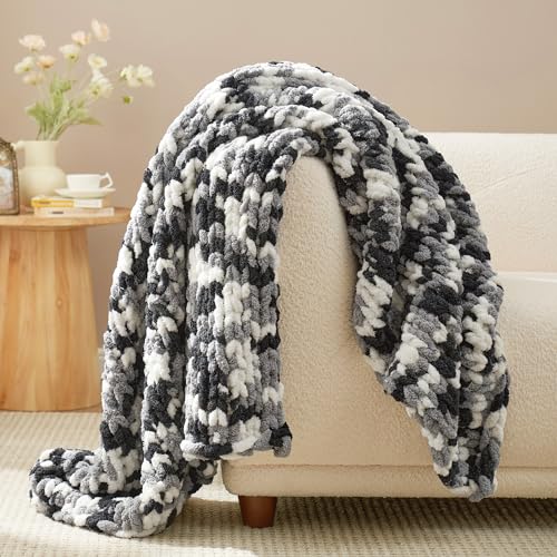 Amélie Home Chunky Knit Throw Blanket for Couch, Soft Chenille Handmade Crochet Throw Rope Knot Blanket for Couch, 50"x60", Space-Dyed Black - color: Black&white, size: 50"x60"