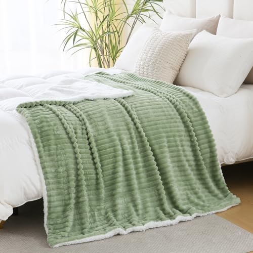 Sage Green Sherpa Fleece Throw Blanket 50”×60” for Couch Sofa Bed,Super Soft Cozy Plush Double Side Thick Flannel Blanket with Striped Design Lightweight for Adults,Woman,Girls - color: Sage Green, size: 50×60inch