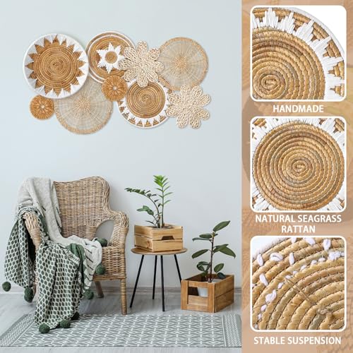 Xuhal 8 Pcs Boho Wall Basket Decor Decorative Bulrush Woven Basket Wall Decor Rustic Farmhouse Hanging Baskets for Kitchen Rustic Home Summer Decorations - style: Flower