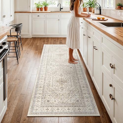 3x7 Runner Rug for Hallway Washable: Non Slip Kitchen Rugs with Rubber Backing Soft Waterproof Wide Mats Stain Resistant Low Pile Carpet for Entryway Bedroom Bathroom Laundry Home Decor Beige/Gray - color: Beige/Gray, size: 3' x 7' (Rectangular)