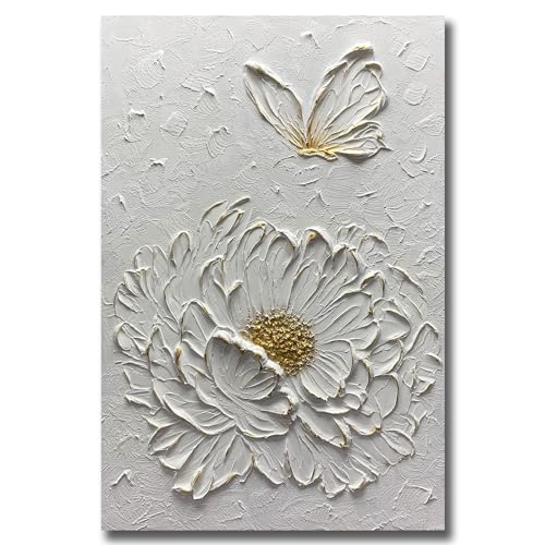 Boiee Art,30x45Inch Hand Painted Textured White Flower Oil Painting On Canvas Gold Acrylic Wall Art Abstract Landscape Paintings Stretched and Framed Ready to Hang - color: Creamy white&Gold, size: 30"L x 45"W