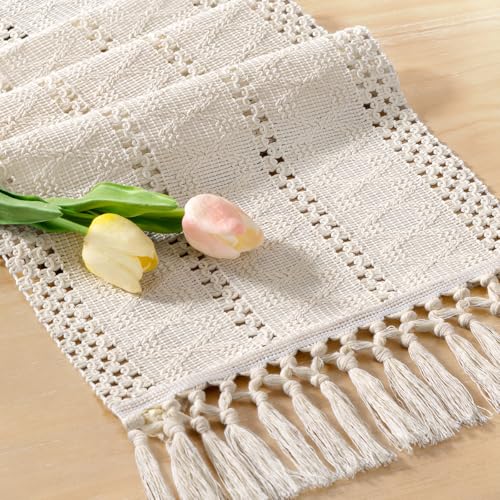Socomi Boho Table Runner Summer Farmhouse Woven Cotton Linen Rustic Coffee Table Runner with Tassels for Dresser Scarf Home Decor Dining Room 12x90 inch Beige - color: Beige, size: 12" X 90"