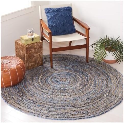 SAFAVIEH Area Rug 8' Round - Cape Cod Collection - Blue & Natural Brown, Handmade Jute & Cotton, Woven Braided Design (CAP202M)