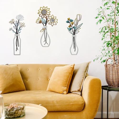 Mcdagogn 3 Pieces Metal Flowers Wall Arts - Rustic Farmhouse Wall Decor, Minimalist Beige Flower Wall Decor for Living room Bathroom Bedroom Laundry Room Kitchen Office - Housewarming Gifts - color: Beige-Gold