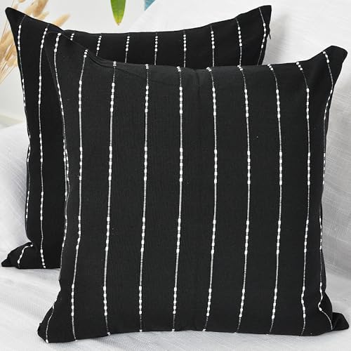 Black and White Pillow Covers 18x18 Modern Style Cotton Woven Striped Geometric Pattern Contemporary Cushion Covers Simple Throw Pillow Cases for Living Room Sofa Couch Bed Set of 2 - color: Black, size: 18" x 18" (Pack of 2)