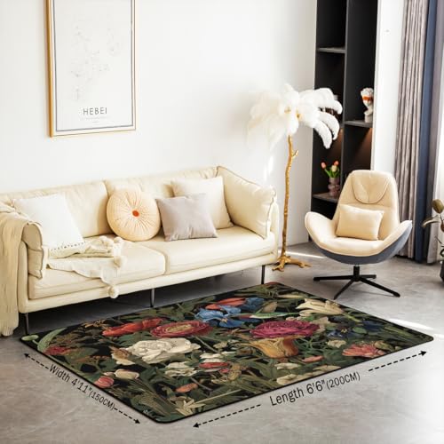 Erosebridal Vintage Floral Area Rug 6'6" x 4'11" Boho Leaves Living Room Rugs Dark Rose Red Green Decorative Carpet Nature Wild Botanical Indoor Floor Mat - color: Black Red Green, size: 4'11" x 6'6" (Rectangular)