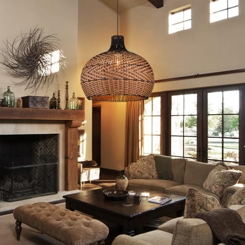 Arturesthome Rattan Pendant Light Fixtures for Kitchen Island, Wicker Chandelier, Handmade Woven Hanging Ceiling Light Lampshade for Living Room Bedroom - size: 19.6" * 17.7"