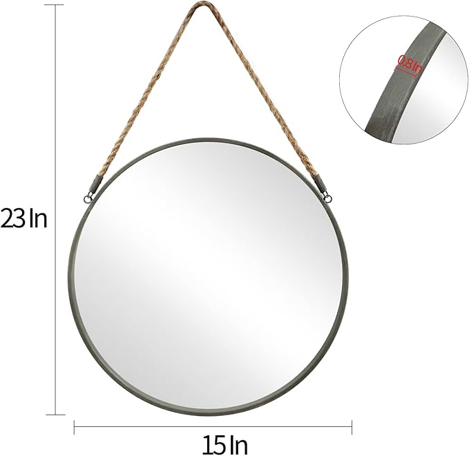 POZINO Round Mirror, Rope Hanging Mirror, 15 Inch Farmhouse Circle Wall Mirror for Bathroom Bedroom Living Room Entryway Home Decor, Grey