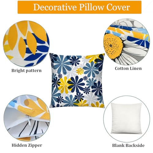 COMMINY Navy Orange Throw Pillow Cover 18x18 Set of 6, Grey Blue Pillow Covers, Daisy Dahlia Pillowcase, Square Cushion Covers for Couch Sofa Living Room Home - color: Navy Blue Orange, size: 18" x 18" (Pack of 6)