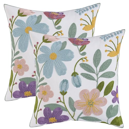 Embroidered Throw Pillow Covers 18x18 Pack of 2 Multicolored Flowers Pillow Covers Farmhouse Pillow Cushion Case Summer Decorative Farm Pillowcases Square Rustic Floral Pillow Case - color: Multicolored Flowers