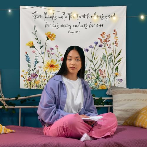 AQYIP Wildflower Christian Tapestry, Psalm 136:1 Bible Verse Tapestry Decorative, Christian Room Decor, Floral Religious Wall Tapestries Blanket Decor for Home Office Church, 50x60 Inch - color: Psalm 136:1