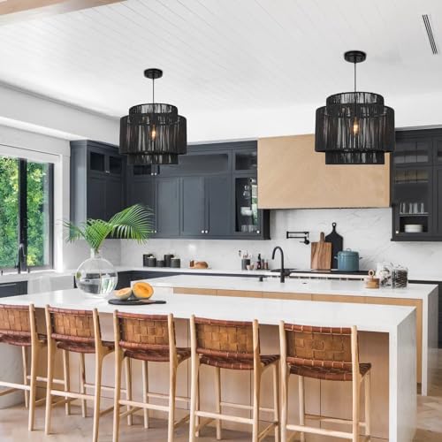 16 Inch Large Natural Simple Hand Weaved Rattan Pendant Lamp, Coastal Beach Black Rope Hanging Pendant Light Fixture for Dining Room Living Room Bedroom Kitchen Foyer - size: 6719