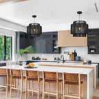 16 Inch Large Natural Simple Hand Weaved Rattan Pendant Lamp, Coastal Beach Black Rope Hanging Pendant Light Fixture for Dining Room Living Room Bedroom Kitchen Foyer - size: 6719