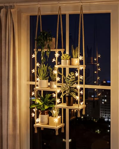Bamworld Hanging Shelves with Grow Light Plant Hanger Indoor Window Plant Shelves Wood Plant Wall Shelf Window Sill Plant Shelf Indoor Hanging Plant Stand Living Room Decor Garden Boho Decor - size: 5Tier,light
