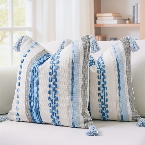 PANOD Chenille Farmhouse Throw Pillow Covers 16 x 16 Blue, Neutral Boucle Couch Pillow Cover, Striped Decorative Boho Coushion Cover Pillow Case for Couch Bed Sofa Bedroom,Modern Accent,Set of 2 - color: Sky Blue Tone, size: 16" x 16" (Pack of 2)