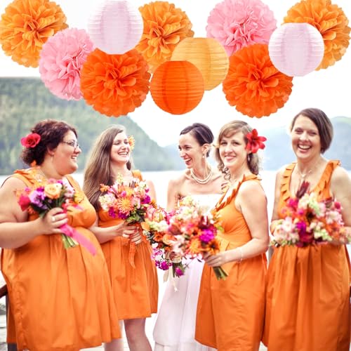 Pink-Orange Groovy Party-Decorations Paper-Flowers Lanterns - 15PCS Baby Shower Tissue Pom Poms Streamers, Fall Wedding Boho Birthday Bridal Bachelorette Sunset Hanging Supplies Decor Hugfond - color: Orange Pink