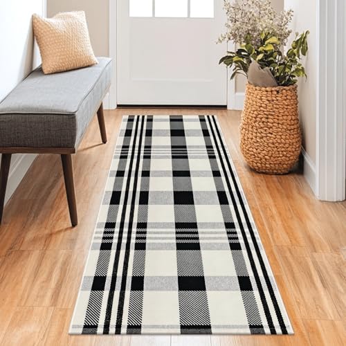 Buffalo Plaid Rug 2x6 Ft Black and White Runners for Hallways Washable Checkered Rug Cotton Kitchen Runner Carpet Runner Rugs for Entryway Bedroom Living Room Farmhouse Runner Rug - color: Black and White Checkered Rug, size: 2‘×6’