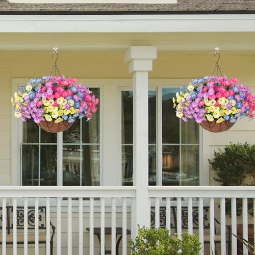 Artificial Faux Hanging Plants Flowers Basket for Outdoors Spring Summer Decoration, Silk Morning Glory Eucalyptus Look Real UV Resistant Fake Flowers for Porch Outside Patio Balcony Yard Home Garden - color: Multi-color (Purple, Pink, Blue, Yellow)