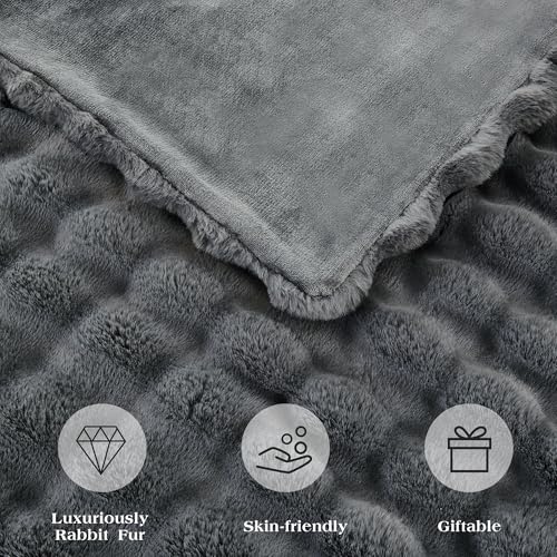 JONIYEAR Large Solid Thick Bubble Faux Rabbit Fur Bed Blanket Full Size 70" x 80", Decorative Cute Cozy Fluffy Gray Warm Blanket for Winter, Reversible Big Luxe Fuzzy Comfy Shaggy Furry Blankets, Grey - color: Grey - 900gsm, size: Full Size - 70" x 80"