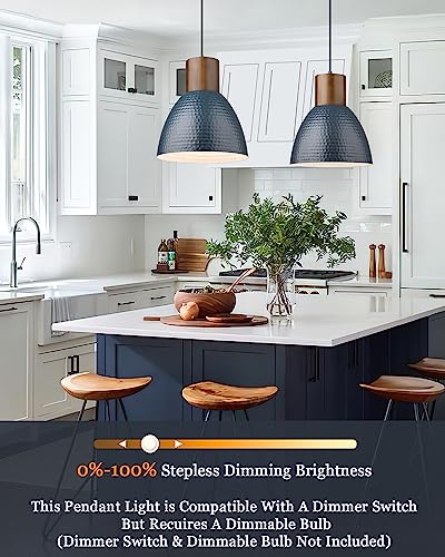 ELYONA 2 Pack Modern Hammered Pendant Lights 10.2” Blue Solid Wood Hanging Lamp, Adjustable Height, Industrial Metal Pendant Lighting for for Farmhouse, Kitchen Island, Dining Room,Bedroom,Bar,Office - color: Blue - 2 Pack