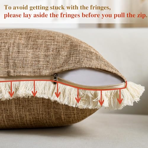 Couch Pillow Covers Accent Boho Decorative Fringe Throw Pillows Covers 16x16 Linen Khaki Cushion Case Linen Pillow Covers with Fringe for Couch Chair Living Room Home Decor Set of 2 - color: Khaki, size: 16" x 16" (Pack of 2)