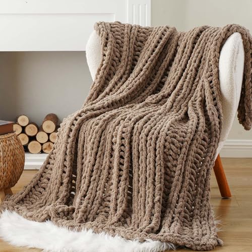 Battilo Chunky Knit Throw Blanket for Couch, Hand Made Chenille Throw Blanket, Super Soft Warm Cozy Taupe Blanket for Bed, Sofa, Living Room, 50"x60" - color: Taupe